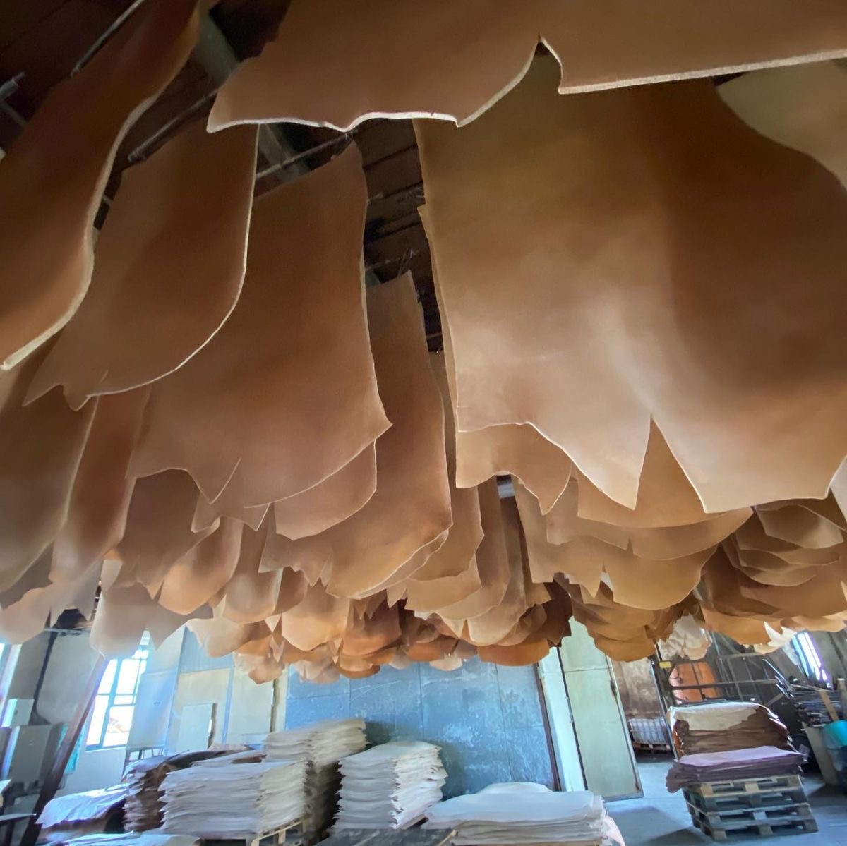 Leather hides stacked on industrial racks in a processing facility